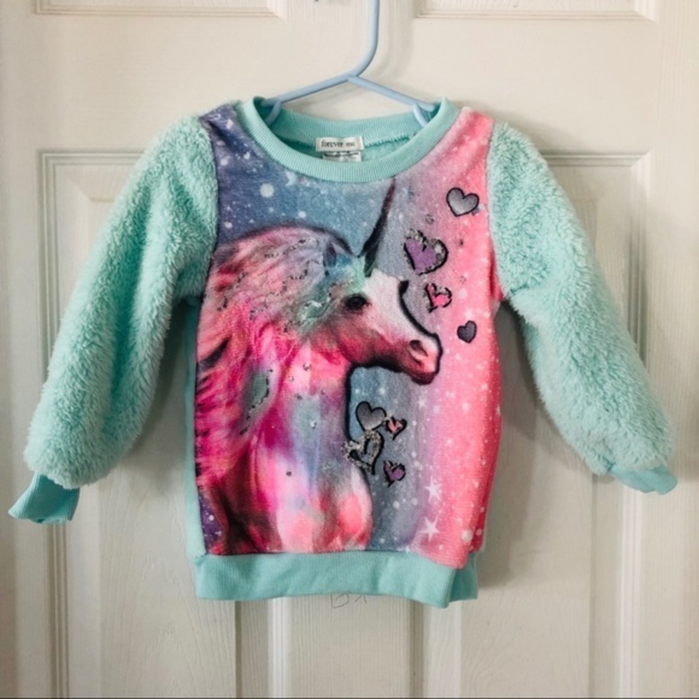 NWOT FOREVER ME fuzzy soft comfy teddy colorful unicorn sweatshirt size 2T